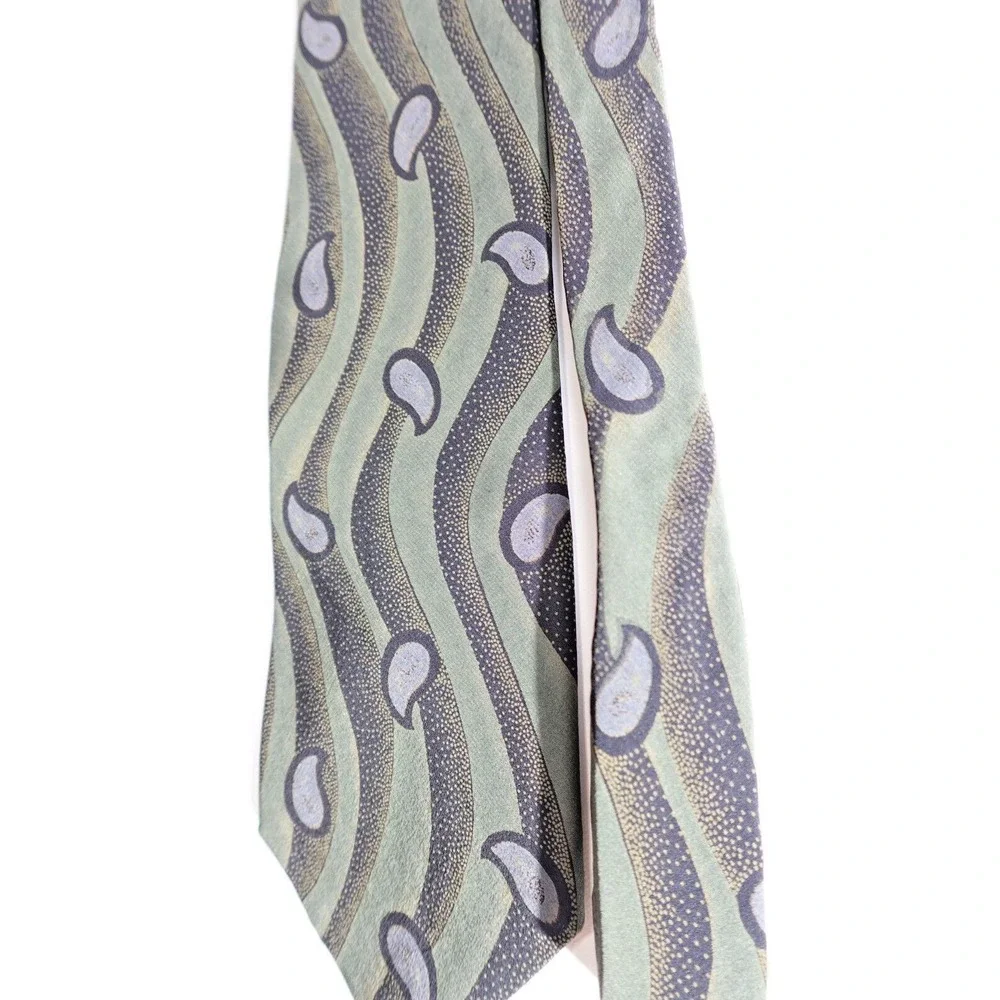 Vintage Karl Lagerfeld Tie Abstract Green Grey Teardrop 100% Silk Art to‎ Wear
